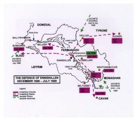 map depicting battles William James around Enniskillen